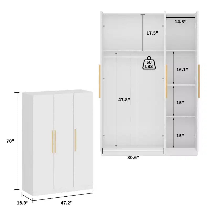 Hitow Pure White Minimalist 3 Door Wardrobe Enriches Storage and Hanging Space