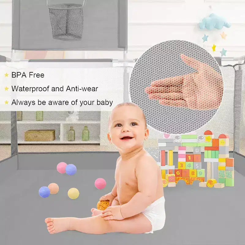 GOTGELIF 50x50 4-Panel Baby Playpen Portable Playard with Basketball Hoop