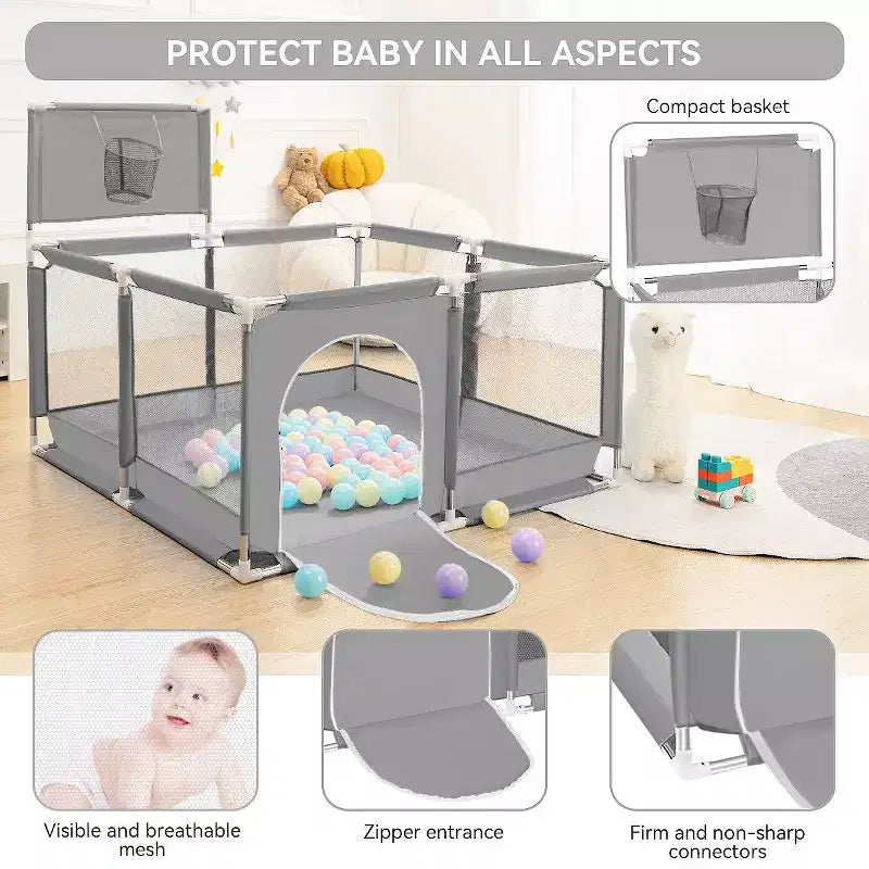 GOTGELIF 50x50 4-Panel Baby Playpen Portable Playard with Basketball Hoop