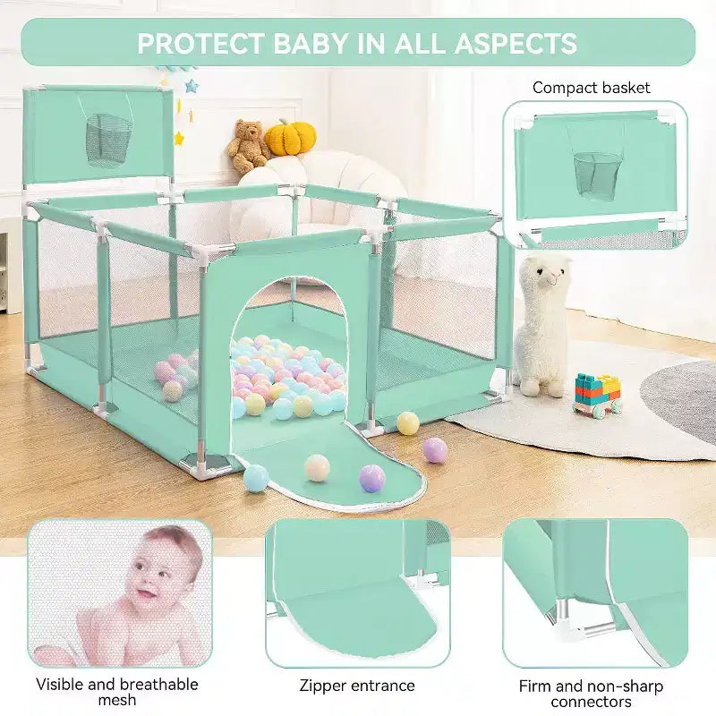 GOTGELIF 50x50 4-Panel Baby Playpen Portable Playard with Basketball Hoop