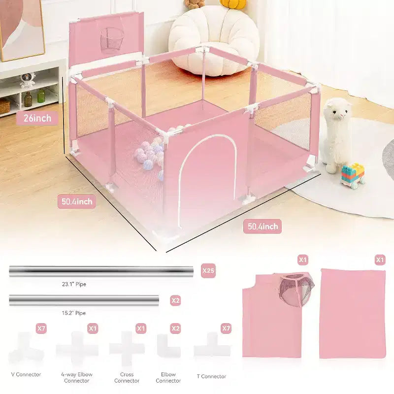 GOTGELIF 50x50 4-Panel Baby Playpen Portable Playard with Basketball Hoop