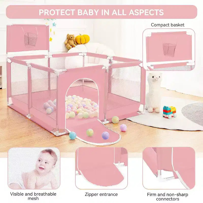 GOTGELIF 50x50 4-Panel Baby Playpen Portable Playard with Basketball Hoop