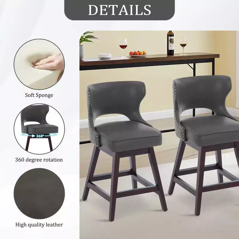 Hyleory Swivel Nailhead Upholstered Counter Bar Stools with Solid Wood Frame and Legs, Two Stools Included