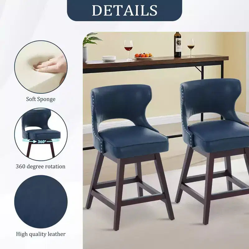Hyleory Swivel Nailhead Upholstered Counter Bar Stools with Solid Wood Frame and Legs, Two Stools Included