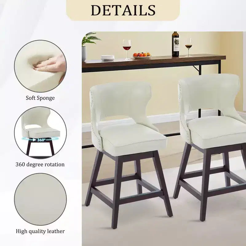 Hyleory Swivel Nailhead Upholstered Counter Bar Stools with Solid Wood Frame and Legs, Two Stools Included