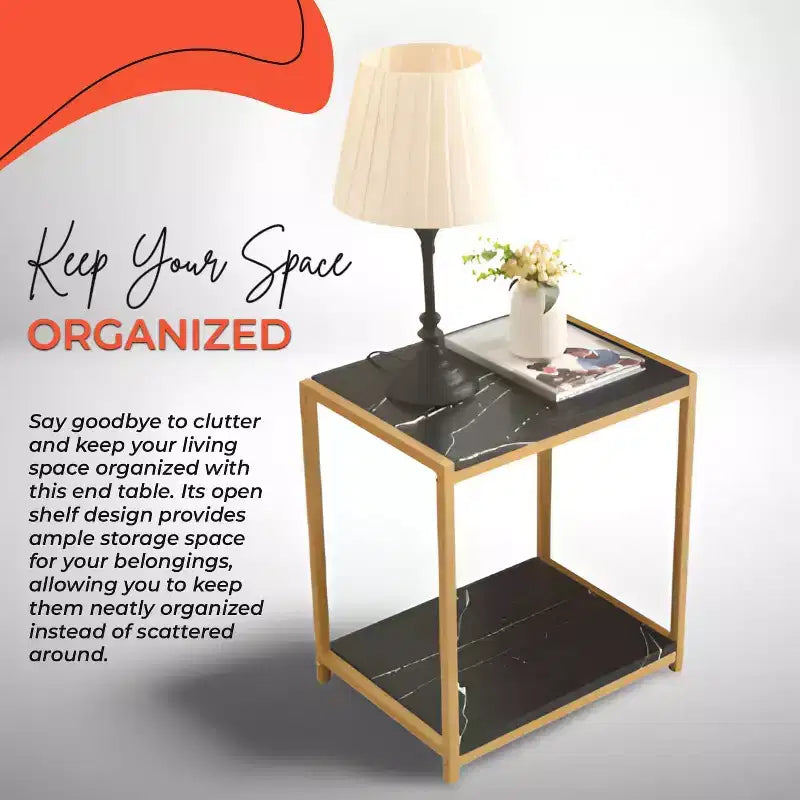 Kings Brand Furniture - Side End Table with Faux Marble Storage Shelves & Metal Frame, Nightstand for Bedroom, Living Room, or Modern Accent Table