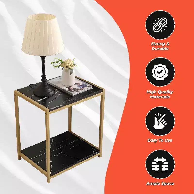 Kings Brand Furniture - Side End Table with Faux Marble Storage Shelves & Metal Frame, Nightstand for Bedroom, Living Room, or Modern Accent Table