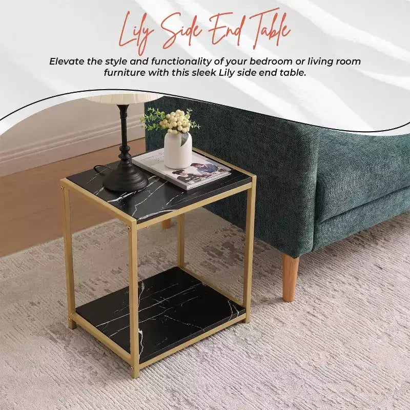Kings Brand Furniture - Side End Table with Faux Marble Storage Shelves & Metal Frame, Nightstand for Bedroom, Living Room, or Modern Accent Table