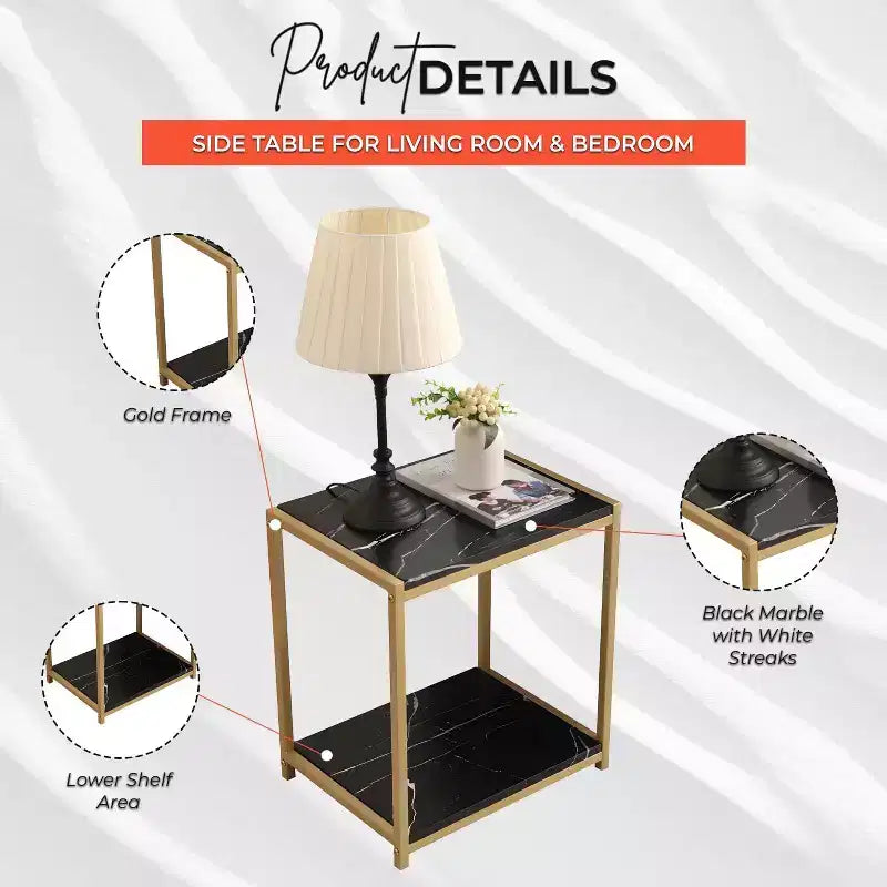 Kings Brand Furniture - Side End Table with Faux Marble Storage Shelves & Metal Frame, Nightstand for Bedroom, Living Room, or Modern Accent Table