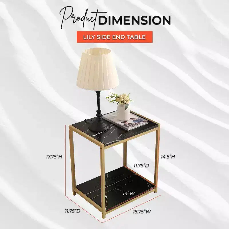 Kings Brand Furniture - Side End Table with Faux Marble Storage Shelves & Metal Frame, Nightstand for Bedroom, Living Room, or Modern Accent Table