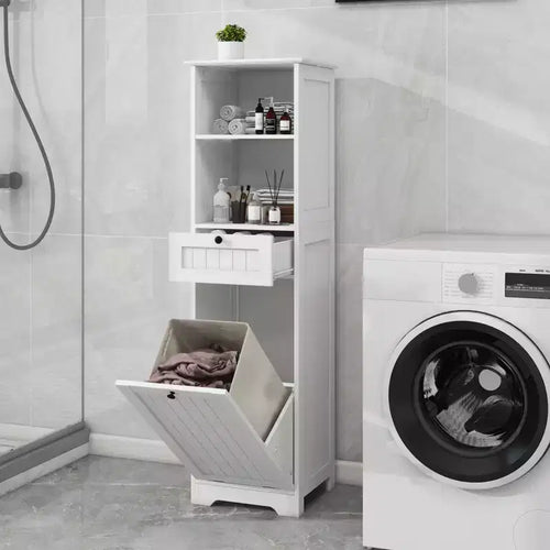 55'' Tall Bathroom Storage Cabinet, Hidden Tilt Out Laundry Hamper, Wooden Floor Cabinet For Laundry Room Living Room White