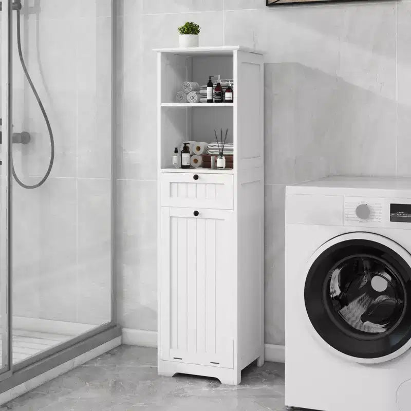 55'' Tall Bathroom Storage Cabinet, Hidden Tilt Out Laundry Hamper, Wooden Floor Cabinet For Laundry Room Living Room White