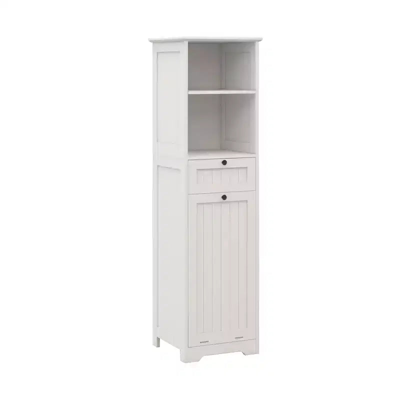 55'' Tall Bathroom Storage Cabinet, Hidden Tilt Out Laundry Hamper, Wooden Floor Cabinet For Laundry Room Living Room White