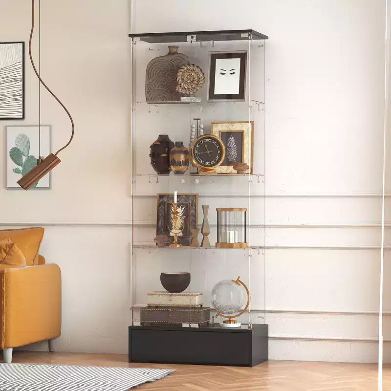 Famapy Black 2-Door 1-Drawer Glass Storage Cabinet Modern Display Unit Bookshelf Curio