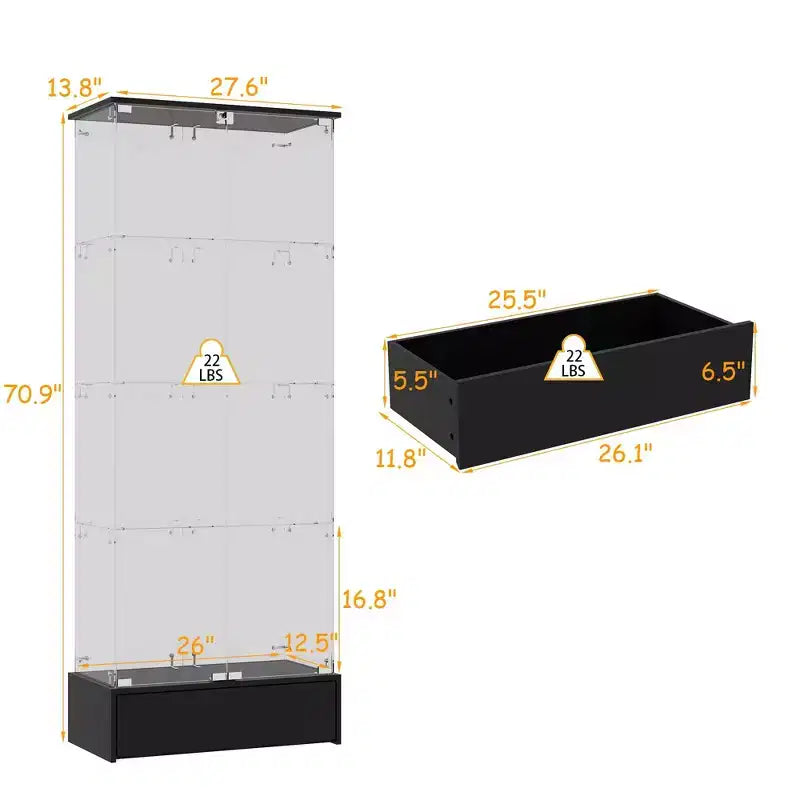 Famapy Black 2-Door 1-Drawer Glass Storage Cabinet Modern Display Unit Bookshelf Curio