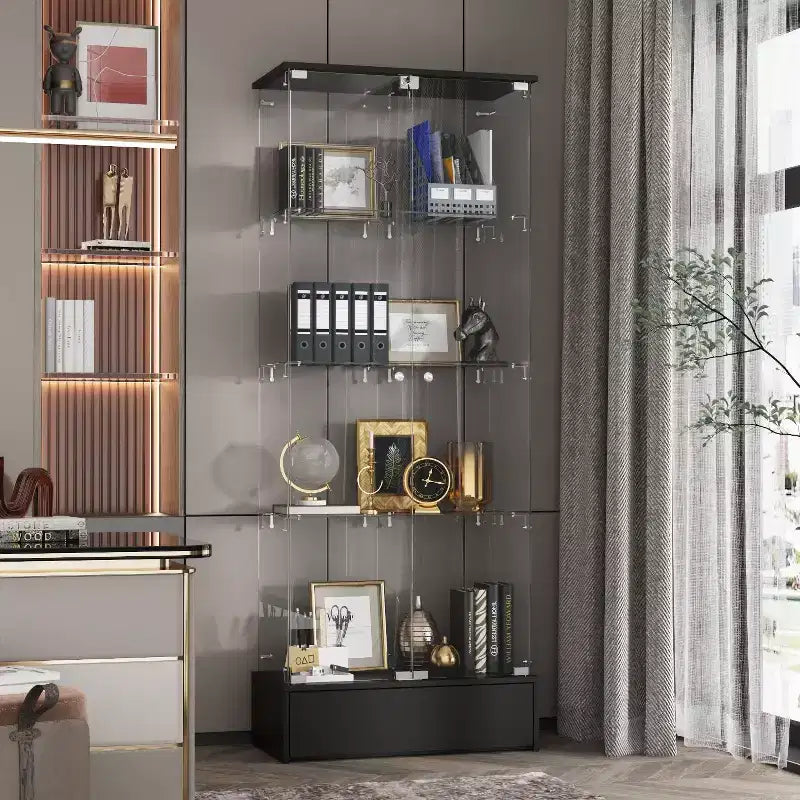 Famapy Black 2-Door 1-Drawer Glass Storage Cabinet Modern Display Unit Bookshelf Curio