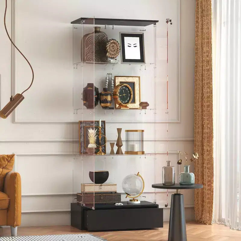 Famapy Black 2-Door 1-Drawer Glass Storage Cabinet Modern Display Unit Bookshelf Curio