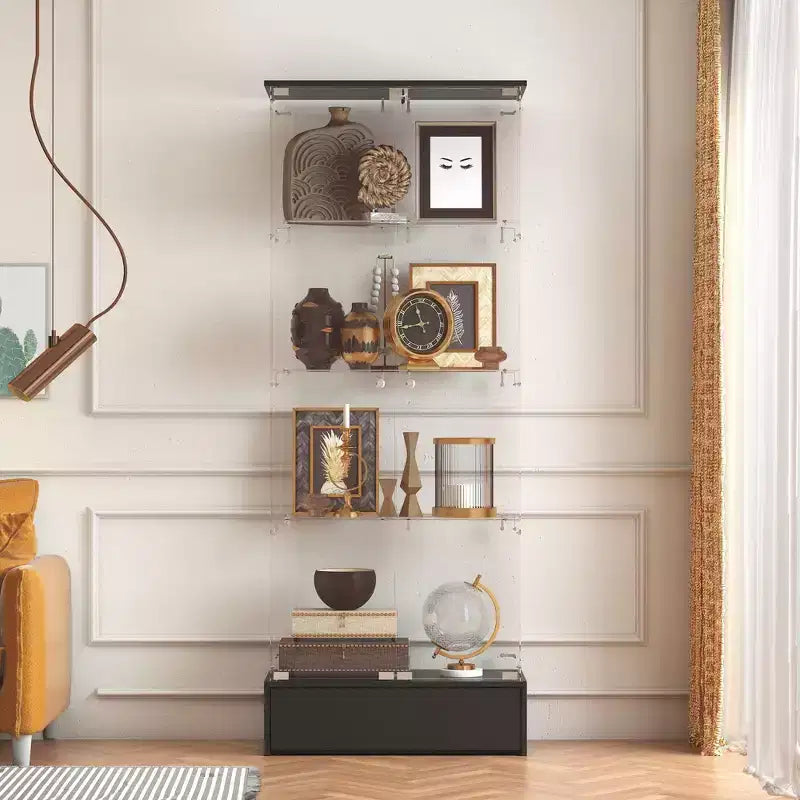 Famapy Black 2-Door 1-Drawer Glass Storage Cabinet Modern Display Unit Bookshelf Curio