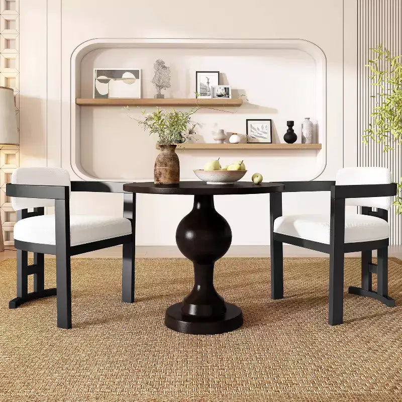3-Piece Round Dining Set – Aluminum Pedestal Table & 2 Upholstered Birch Wood Arm Chairs