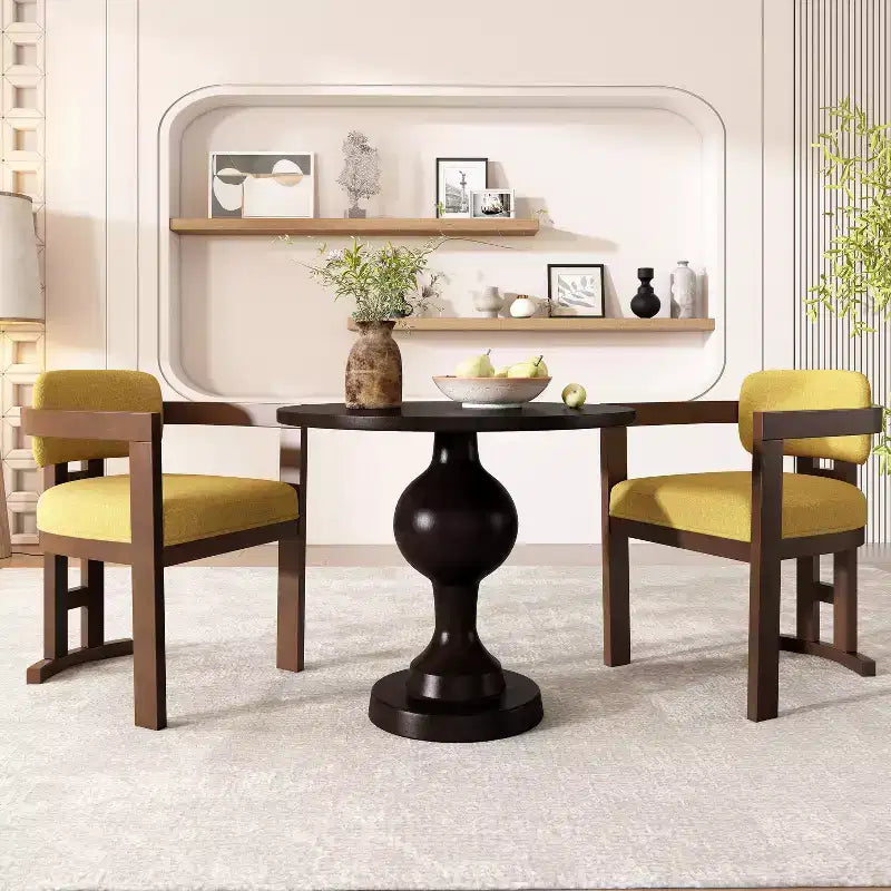3-Piece Round Dining Set – Aluminum Pedestal Table & 2 Upholstered Birch Wood Arm Chairs
