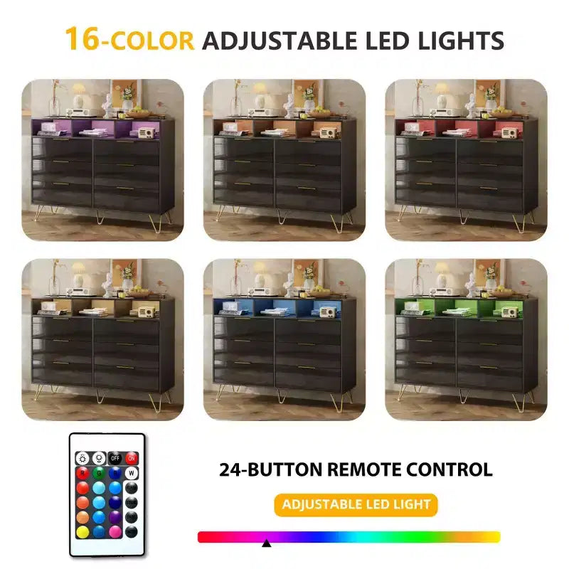 6-Drawer Dresser with 16-Color LED Lights & 3 Open Shelves – UV Gloss Finish, Modern