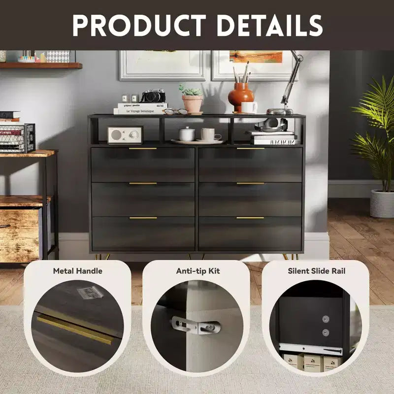 6-Drawer Dresser with 16-Color LED Lights & 3 Open Shelves – UV Gloss Finish, Modern