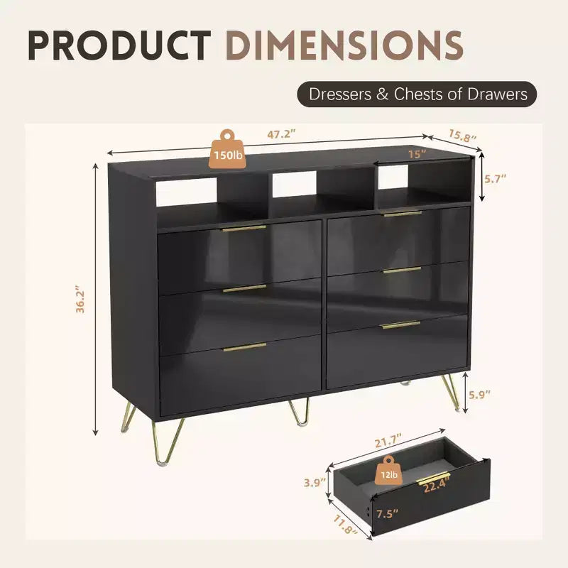 6-Drawer Dresser with 16-Color LED Lights & 3 Open Shelves – UV Gloss Finish, Modern