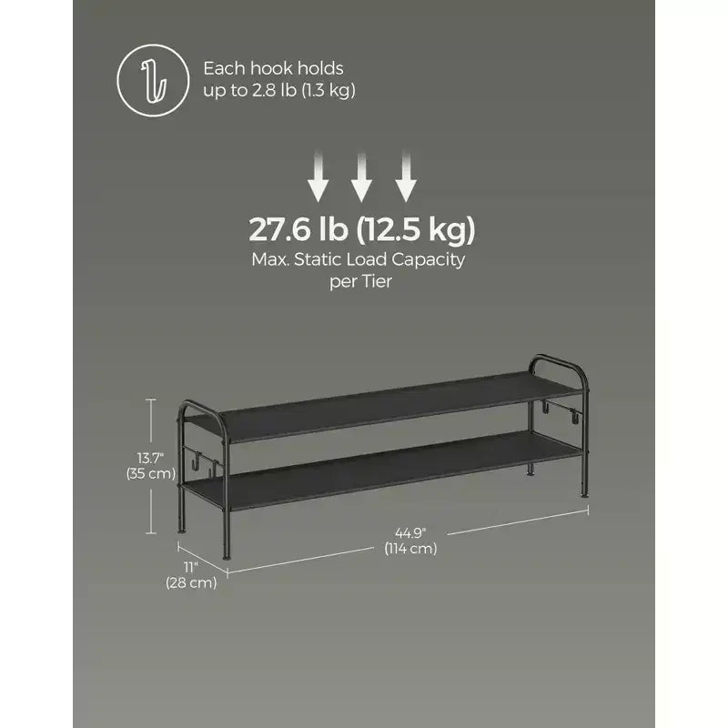 2-Tier Adjustable Shoe Rack with Hooks for Heels & Accessories – Holds 12 Pairs, Black