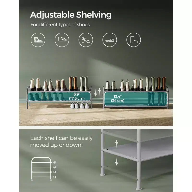 2-Tier Adjustable Shoe Rack with Hooks for Heels & Accessories – Holds 12 Pairs, Black