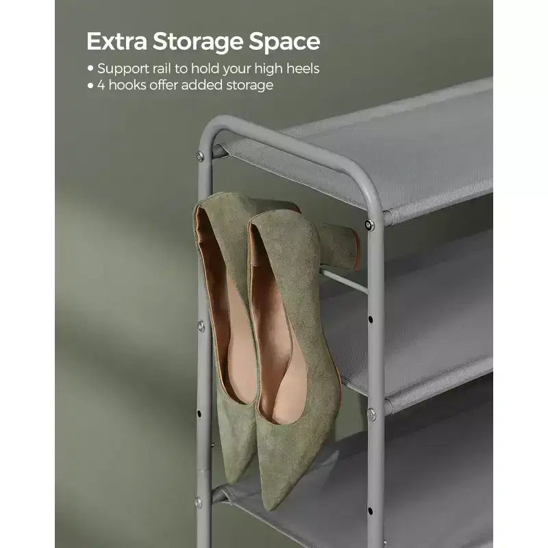 2-Tier Adjustable Shoe Rack with Hooks for Heels & Accessories – Holds 12 Pairs, Black