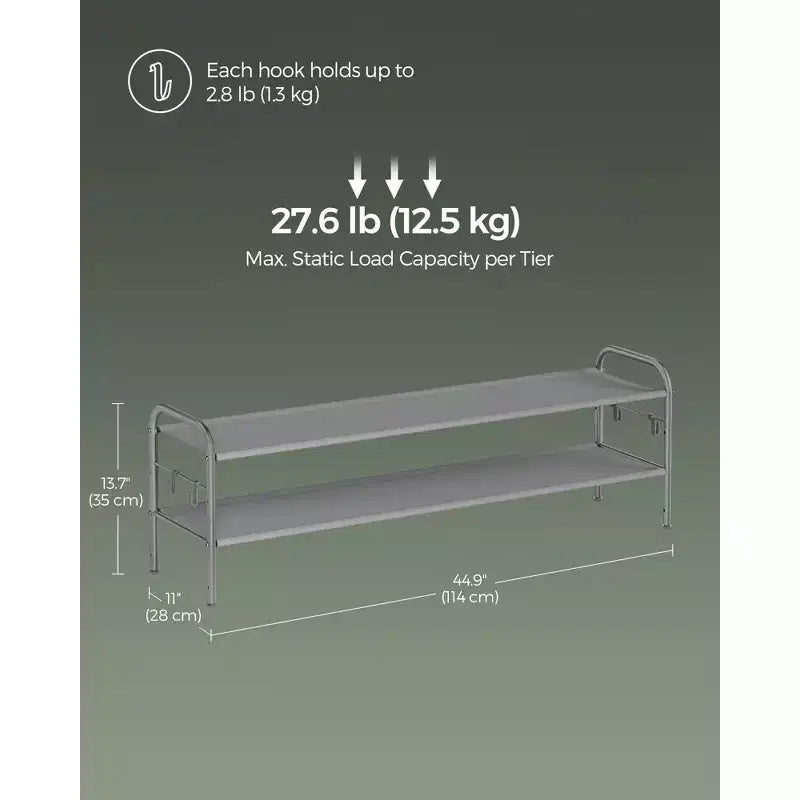 2-Tier Adjustable Shoe Rack with Hooks for Heels & Accessories – Holds 12 Pairs, Black