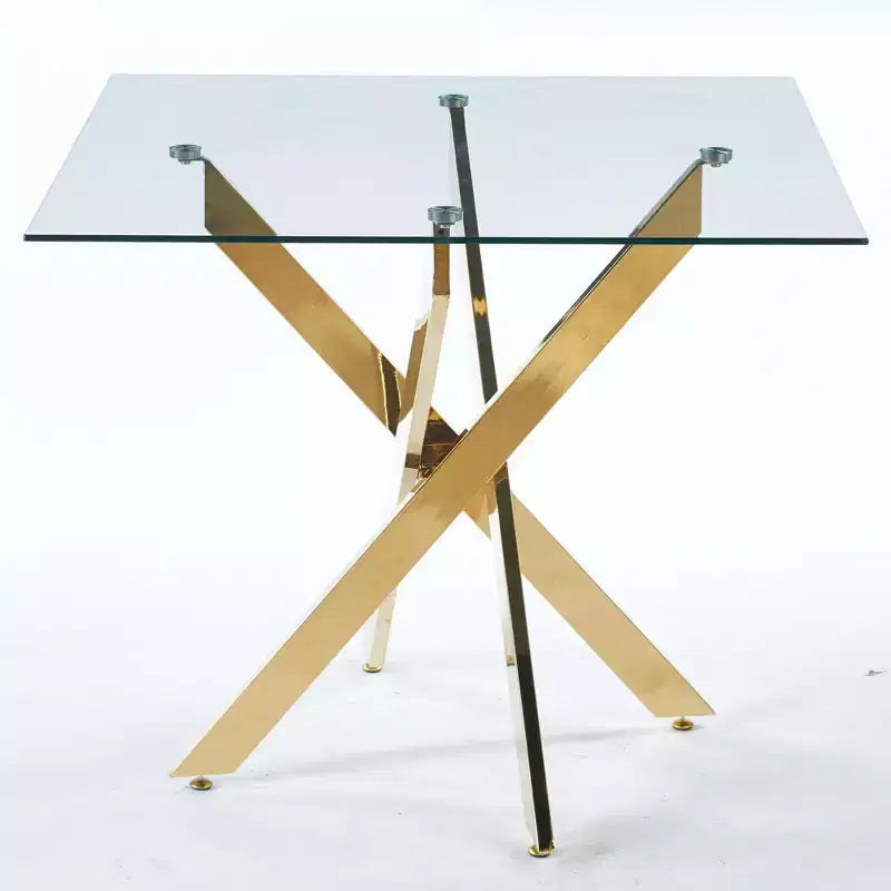 Square Tempered Glass Dining Table with Gold Cross Metal Legs – 90x90x75cm, Modern