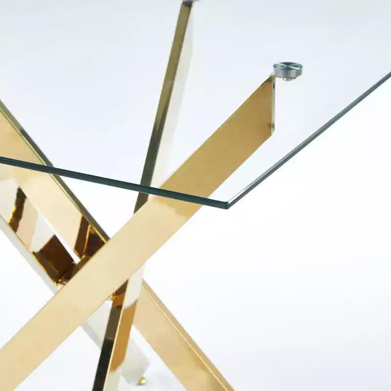Square Tempered Glass Dining Table with Gold Cross Metal Legs – 90x90x75cm, Modern