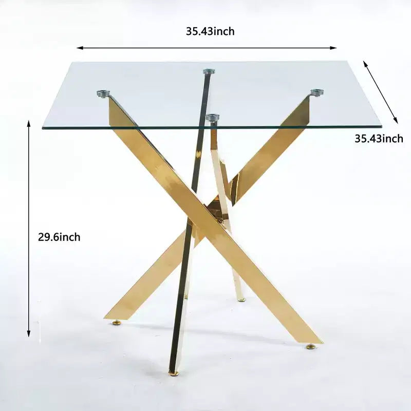 Square Tempered Glass Dining Table with Gold Cross Metal Legs – 90x90x75cm, Modern