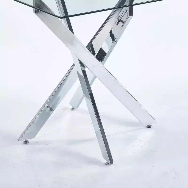 Square Tempered Glass Dining Table with Gold Cross Metal Legs – 90x90x75cm, Modern