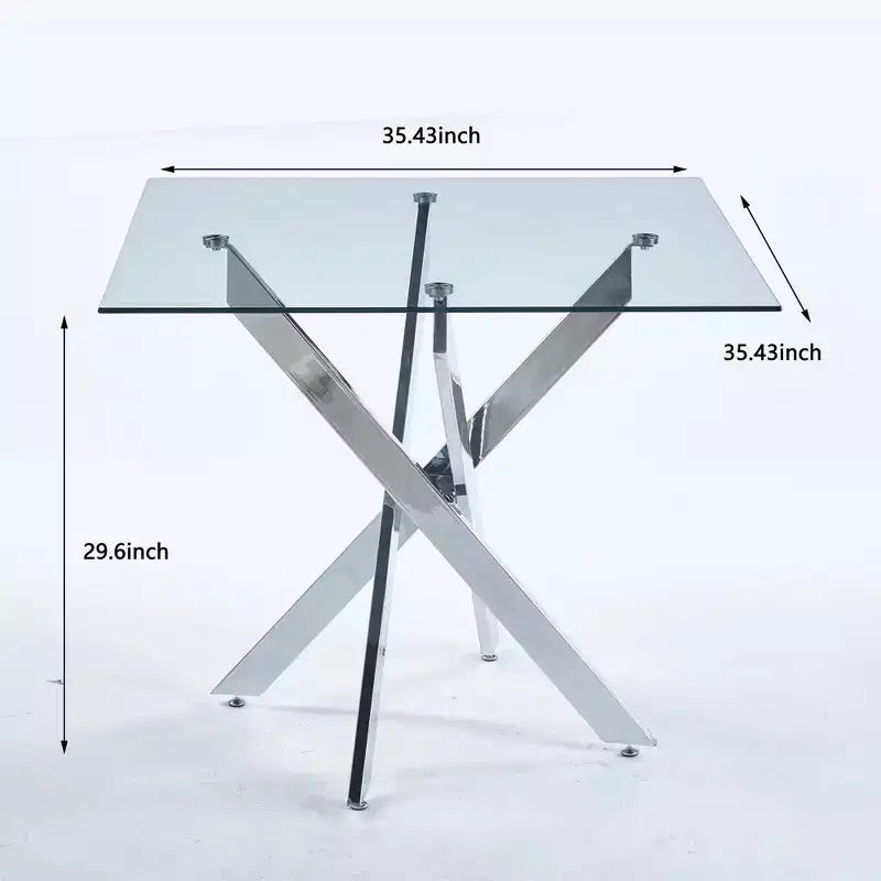 Square Tempered Glass Dining Table with Gold Cross Metal Legs – 90x90x75cm, Modern