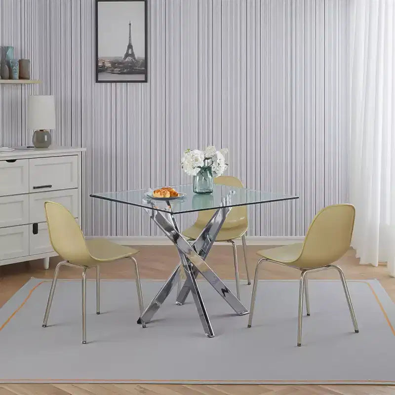 Square Tempered Glass Dining Table with Gold Cross Metal Legs – 90x90x75cm, Modern