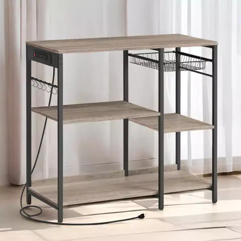 Coffee Bar Baker's Rack with 4-Outlet Charging Station, Pull-Out Basket & Adjustable Shelves