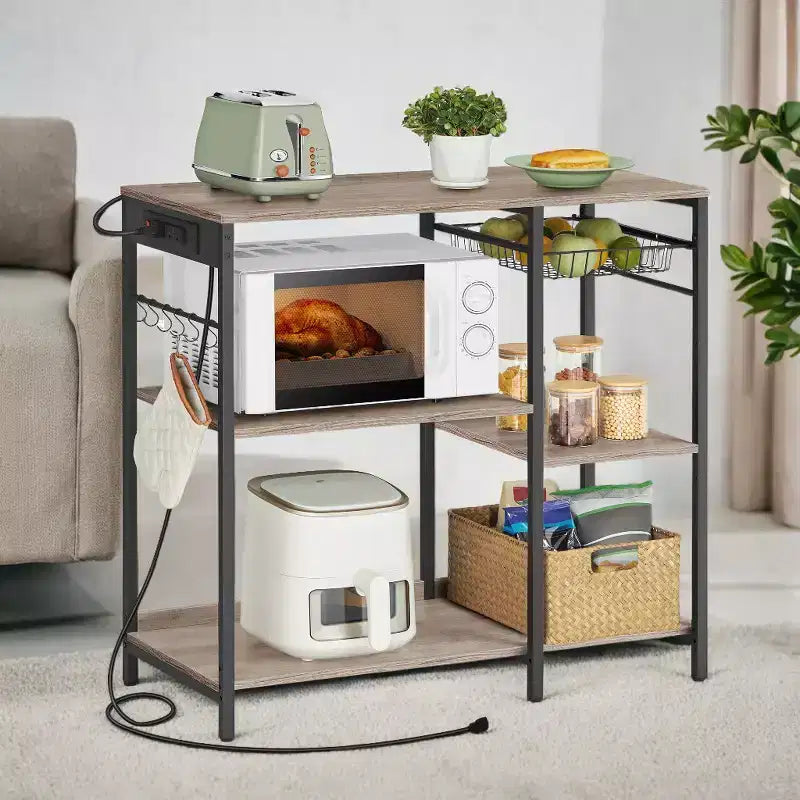 Coffee Bar Baker's Rack with 4-Outlet Charging Station, Pull-Out Basket & Adjustable Shelves
