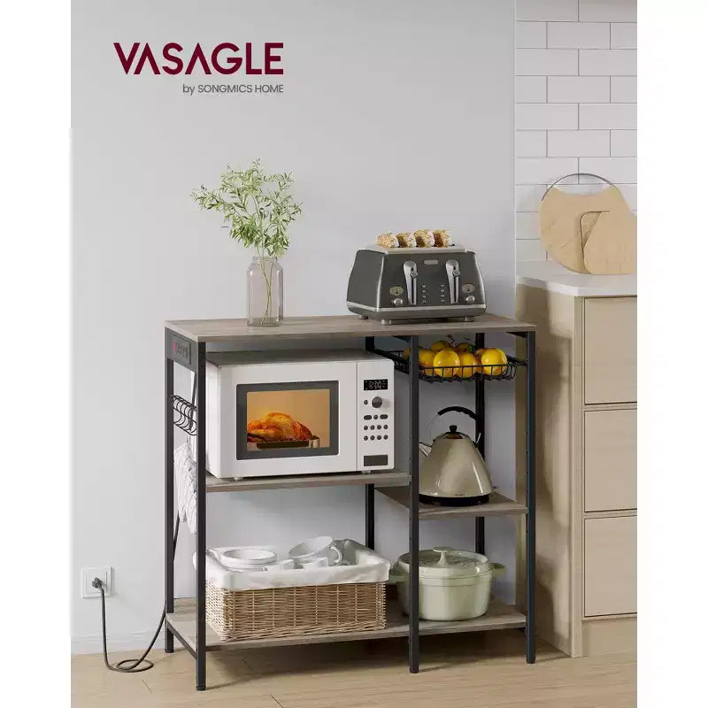 Coffee Bar Baker's Rack with 4-Outlet Charging Station, Pull-Out Basket & Adjustable Shelves