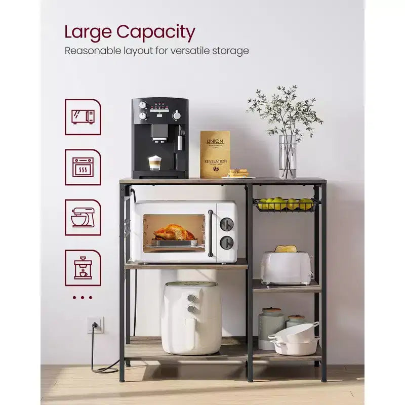 Coffee Bar Baker's Rack with 4-Outlet Charging Station, Pull-Out Basket & Adjustable Shelves