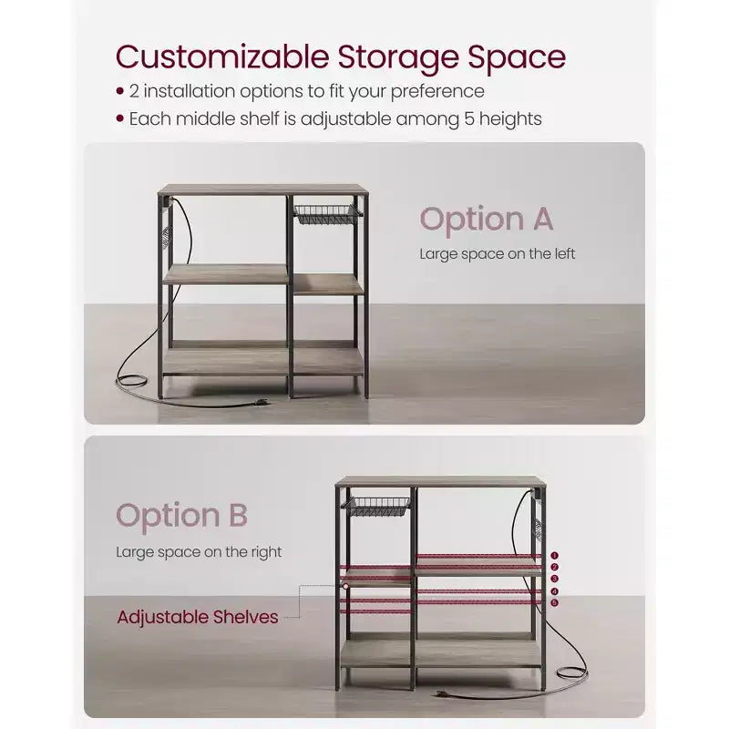 Coffee Bar Baker's Rack with 4-Outlet Charging Station, Pull-Out Basket & Adjustable Shelves