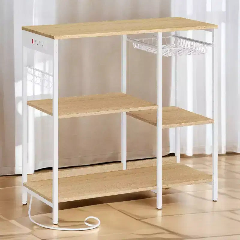 Coffee Bar Baker's Rack with 4-Outlet Charging Station, Pull-Out Basket & Adjustable Shelves
