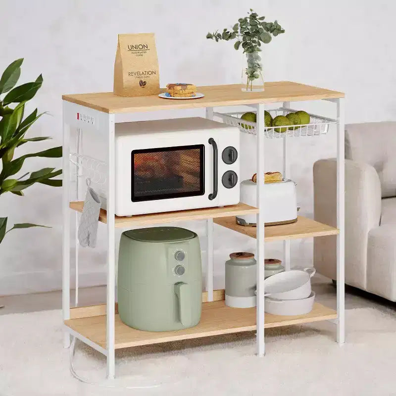 Coffee Bar Baker's Rack with 4-Outlet Charging Station, Pull-Out Basket & Adjustable Shelves