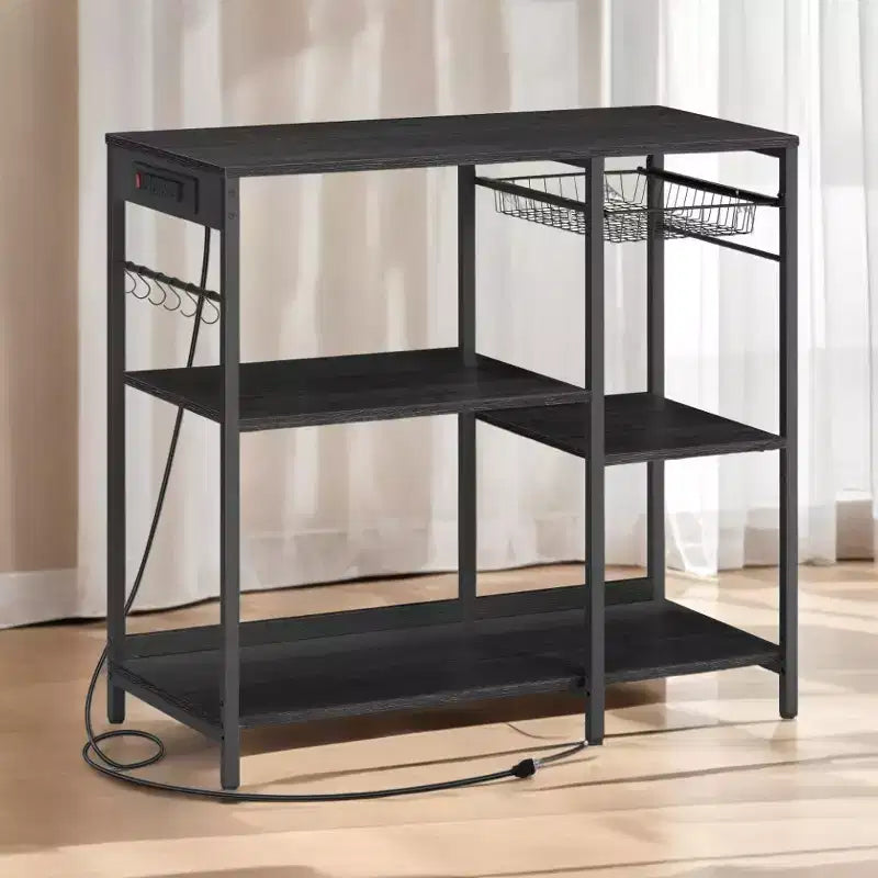 Coffee Bar Baker's Rack with 4-Outlet Charging Station, Pull-Out Basket & Adjustable Shelves