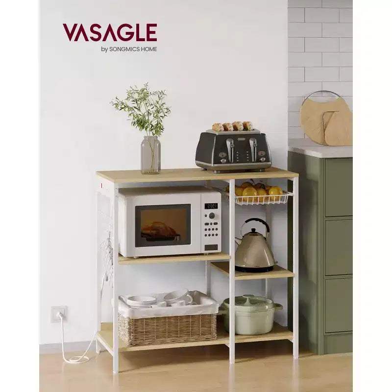 Coffee Bar Baker's Rack with 4-Outlet Charging Station, Pull-Out Basket & Adjustable Shelves