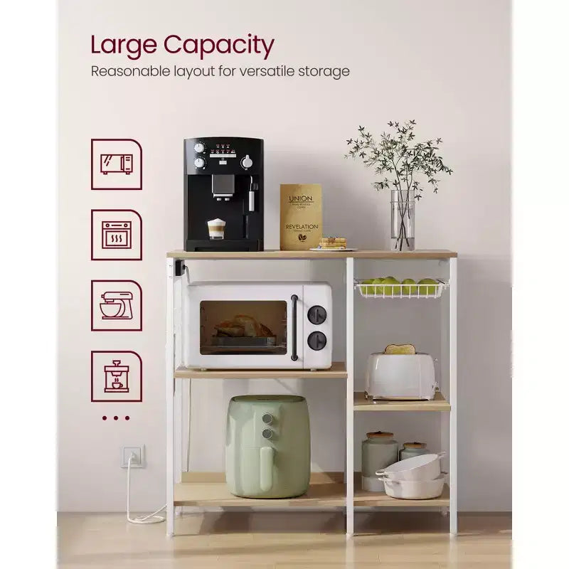 Coffee Bar Baker's Rack with 4-Outlet Charging Station, Pull-Out Basket & Adjustable Shelves