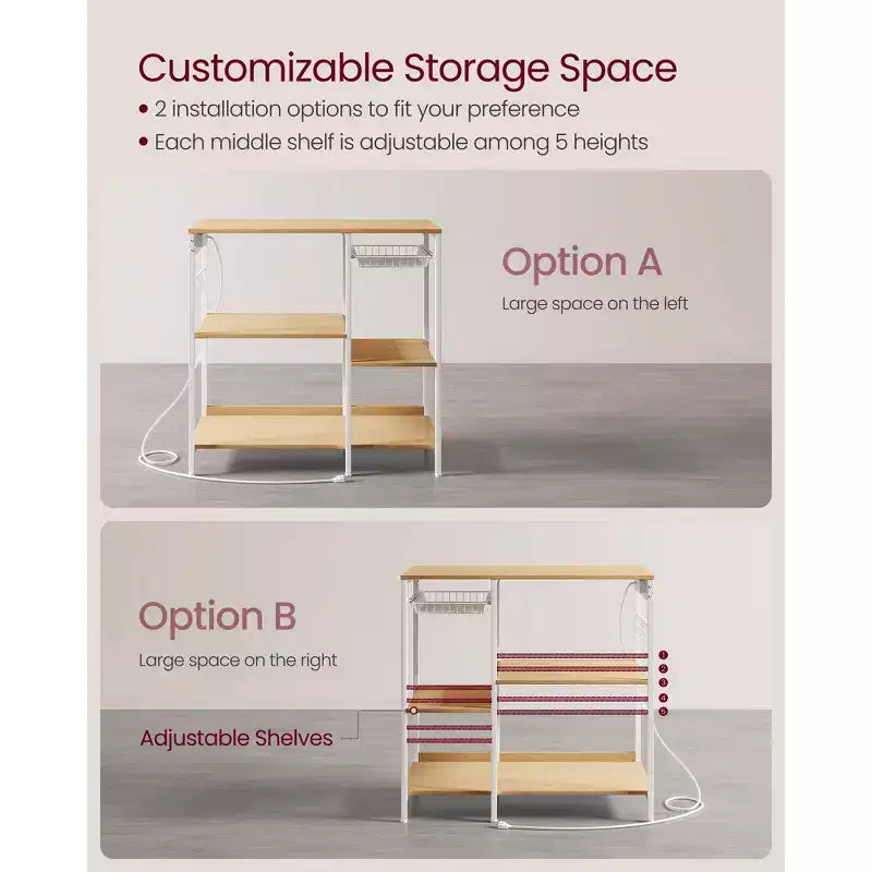 Coffee Bar Baker's Rack with 4-Outlet Charging Station, Pull-Out Basket & Adjustable Shelves