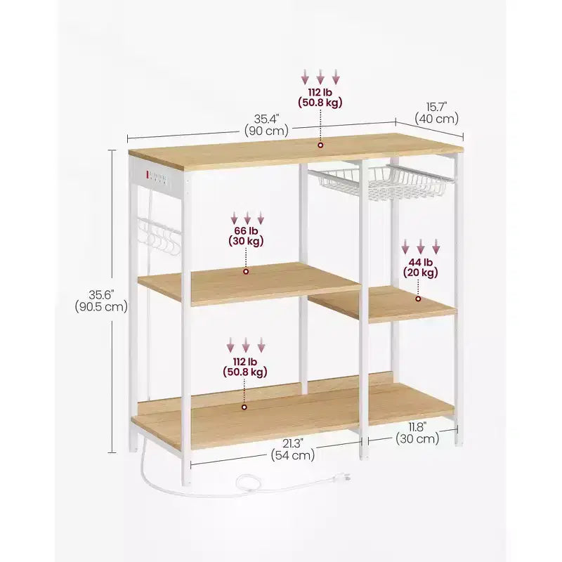 Coffee Bar Baker's Rack with 4-Outlet Charging Station, Pull-Out Basket & Adjustable Shelves