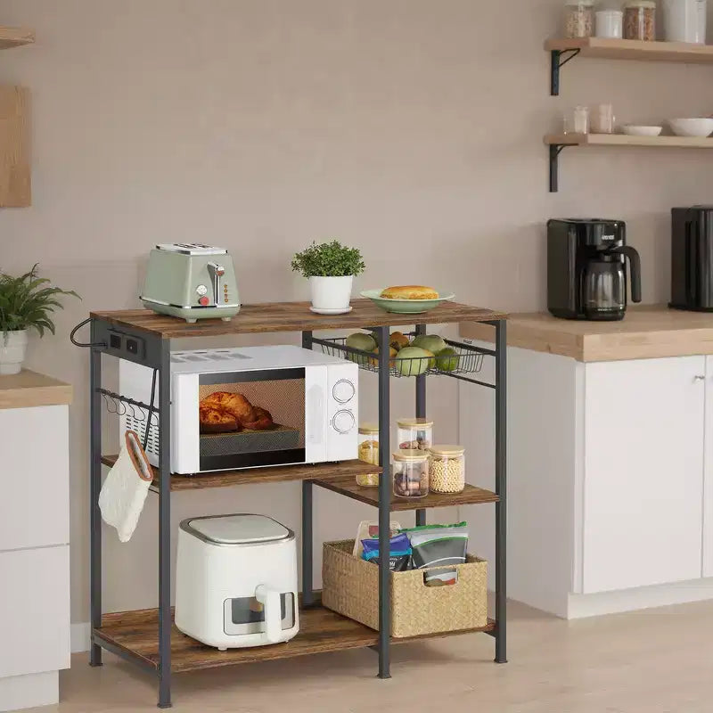 Coffee Bar Baker's Rack with 4-Outlet Charging Station, Pull-Out Basket & Adjustable Shelves